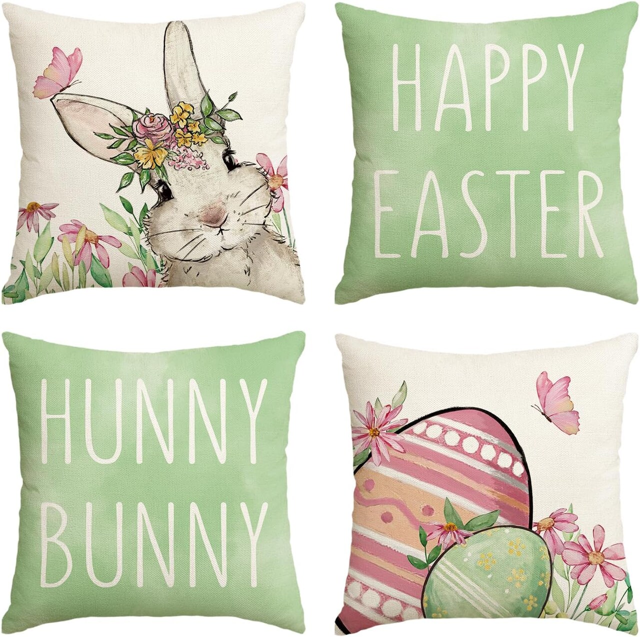 Set of 4 Happy Easter "Hunny Bunny" Green Throw Pillow Covers – 18" x 18" Spring Cushion Cases for Sofa & Couch